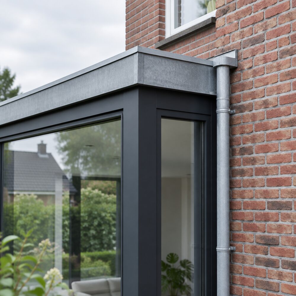 Detail van een nieuwe uitbouw: het antracietkleurige aluminium kozijn en de zinken dakrand sluiten aan op de oude rode bakstenen muur van het huis.